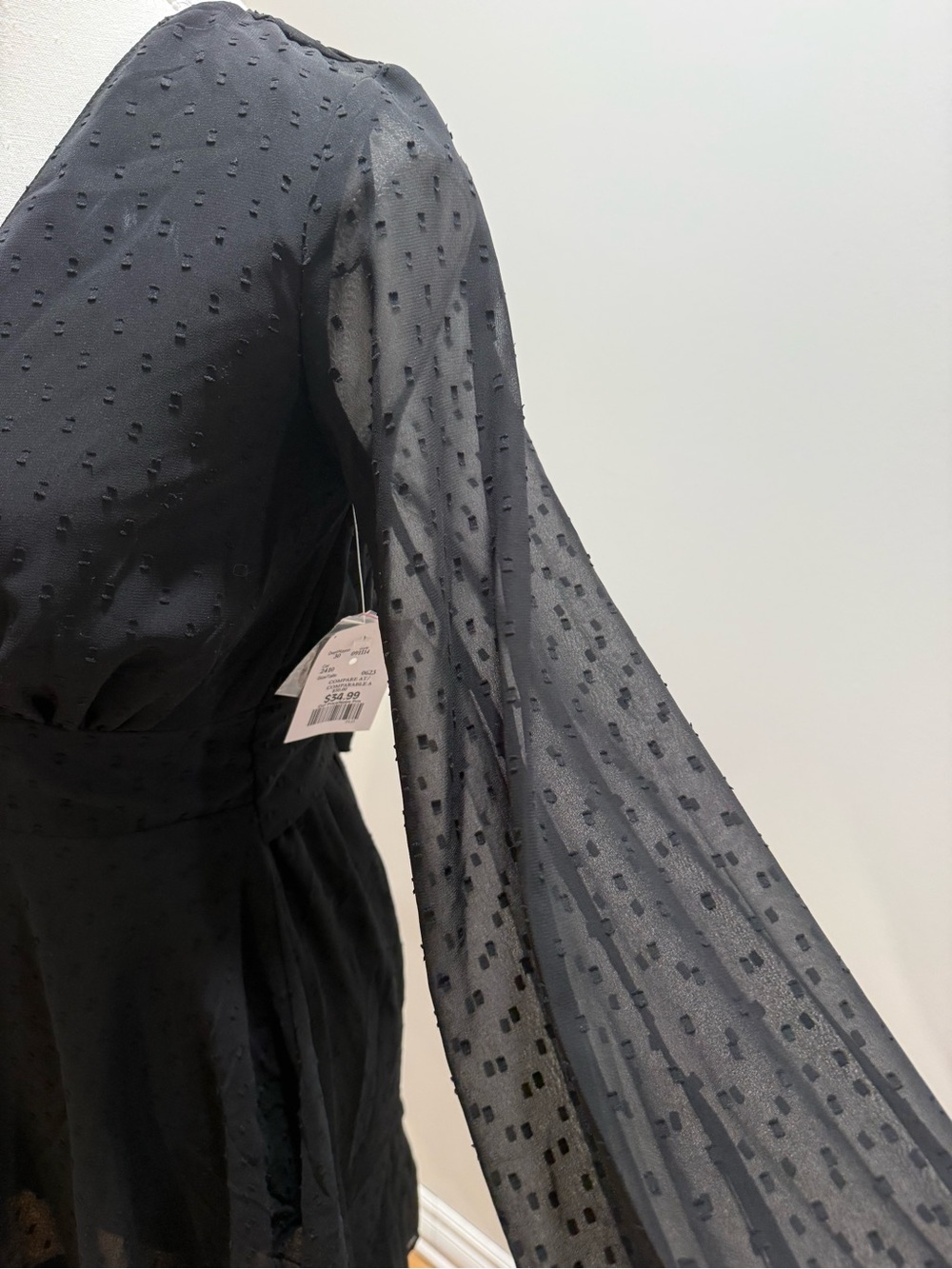 Black V-Neck Tiered Skater Dress Sheer Sleeves - Picture 4 of 6
